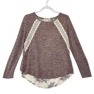 Rewind Women Mauve Marled Mixed Media Lace Trim Floral Split Back Top NH69375OY